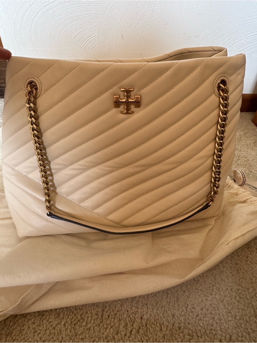 Tory Burch Quilted Leather Chain Tote in Cream with Gold Hardware